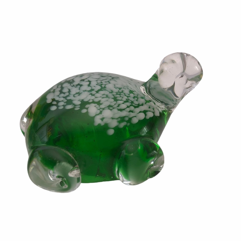 Art Glass Green White Turtle Paperweight